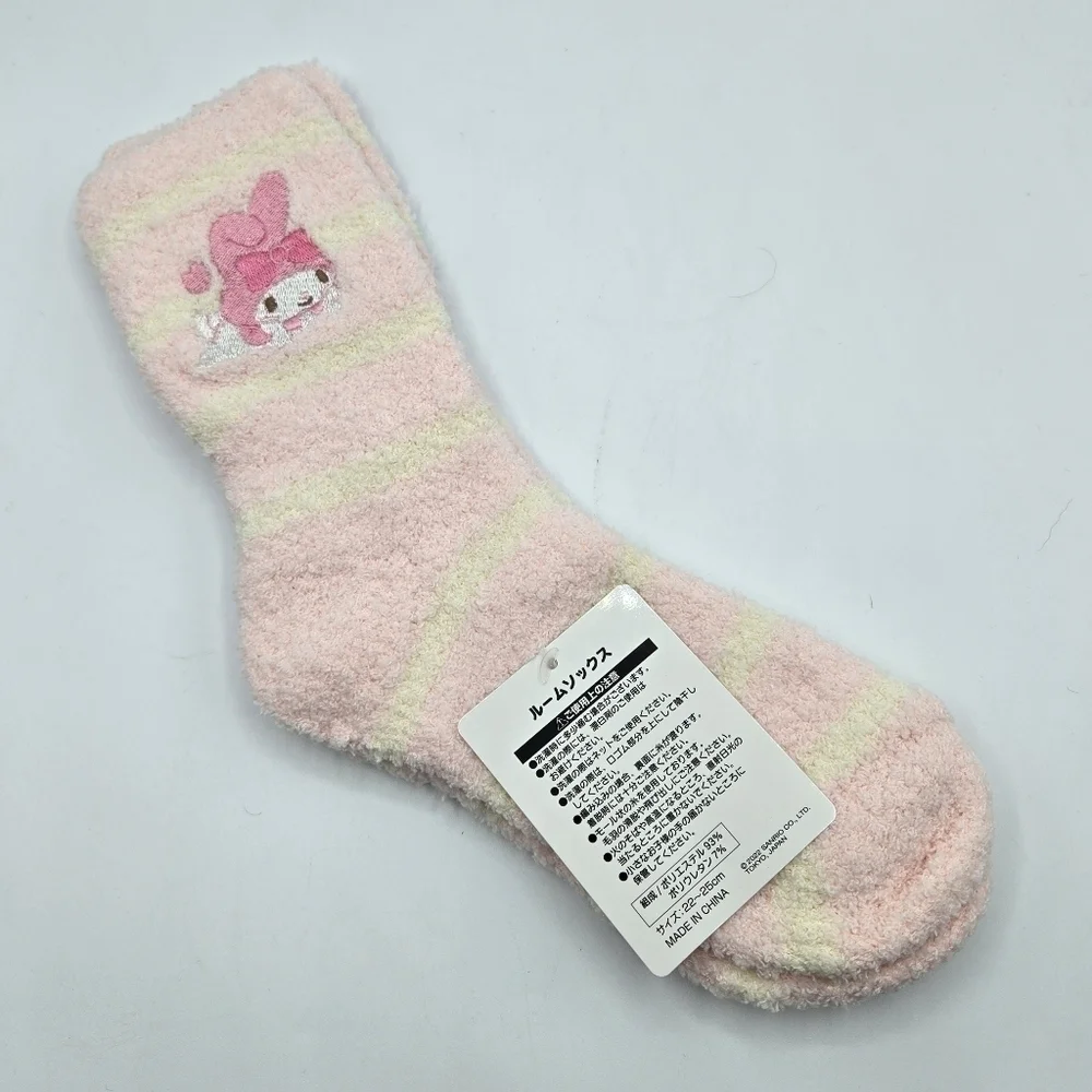 Sanrio My Melody Fuzzy Pink White Striped Cozy Socks